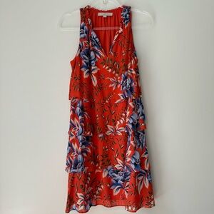 Ann Taylor LOFT Vibrant Orange Red Floral Tiered Dress‎ Sz M